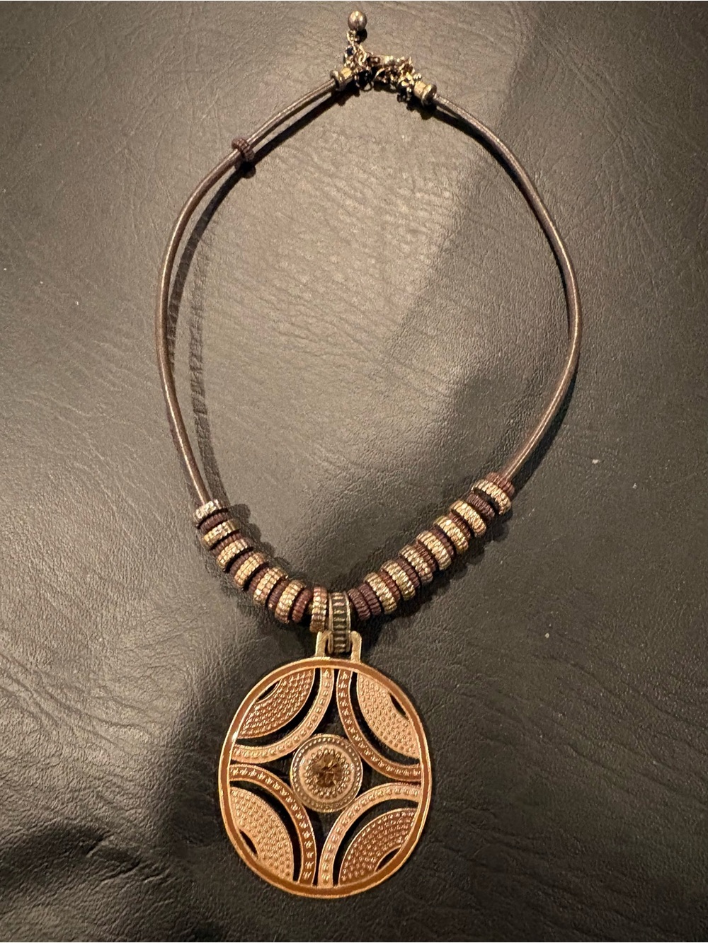 Gold-Tone Medallion Pendant Necklace - Brown Cord